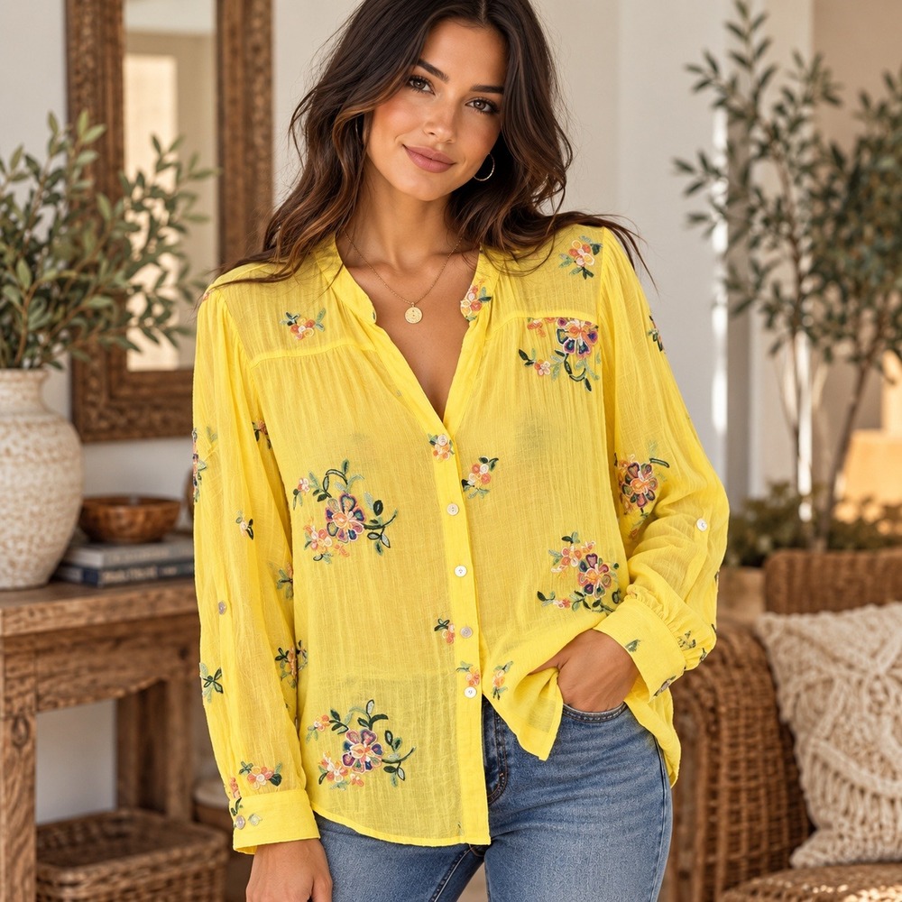 Fig and Flower Yellow Embroidered Floral Boho Button Down Blouse XL Long Sleeve